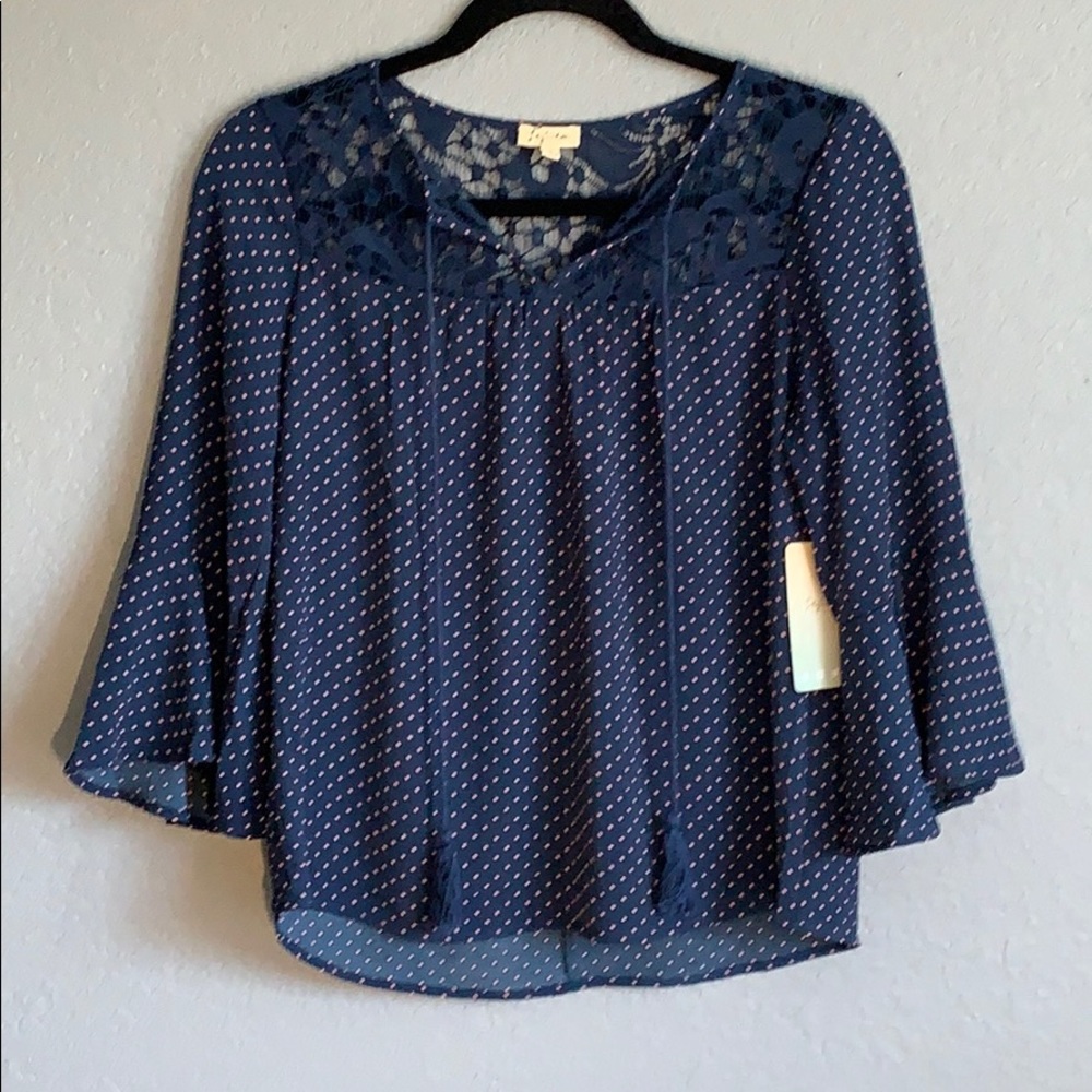Lily White - Navy Pink Poka Dot Dress Shirt -Sz M